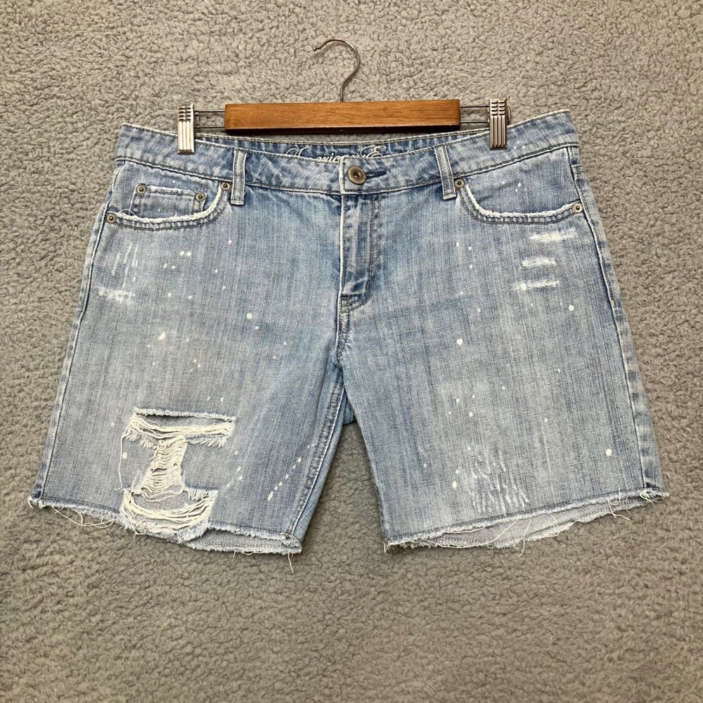 American Eagle Distressed Jean Shorts Women 8 Light Wash Painted Denim 7" Inseam